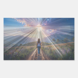 Adesivo Retangular Woman Walking Toward Glowing Cross – Faith Journey