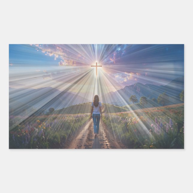 Adesivo Retangular Woman Walking Toward Glowing Cross – Faith Journey (Frente)