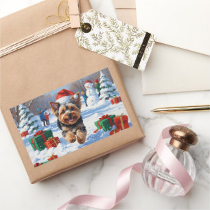 Adesivo Retangular Yorkipoo Correndo na Neve com Chapéu de Natal