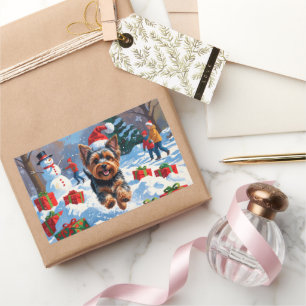 Adesivo Retangular Yorkshire Terrier em neve com chapéu de Natal