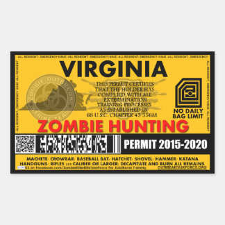 Adesivo Retangular Zombie Caça Licença Virginia