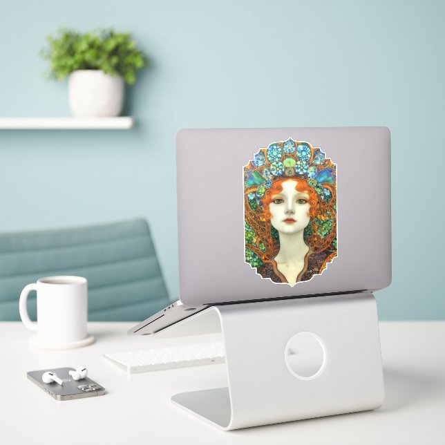 Adesivo Retrato da Bela Mulher em Estilo de Vidro Estido (Laptop na mesa)