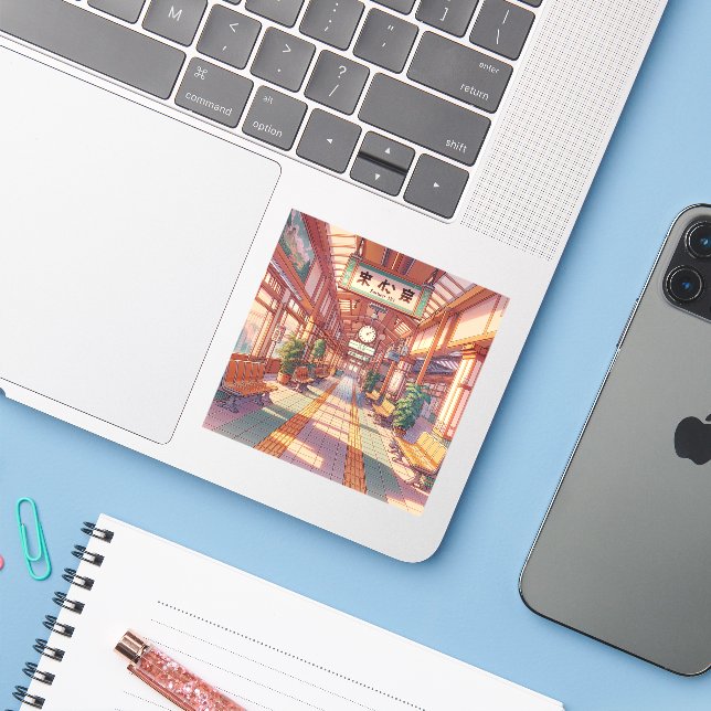 Adesivo Retro Anos 90 Anime Estação de Trem Japão (Notebook com iPhone)