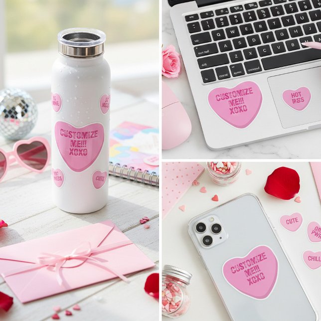 Adesivo Retro Candy Heart Personalized Custom Pink Vinyl (A custom pink candy heart vinyl sticker  for your Valentine or Galentine conversation heart)