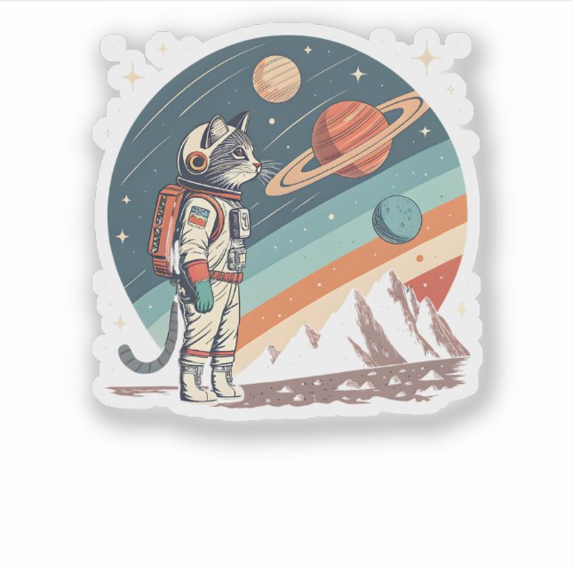Adesivo Retro Cat Astronaut Cosmic Space Illustration (Frente)