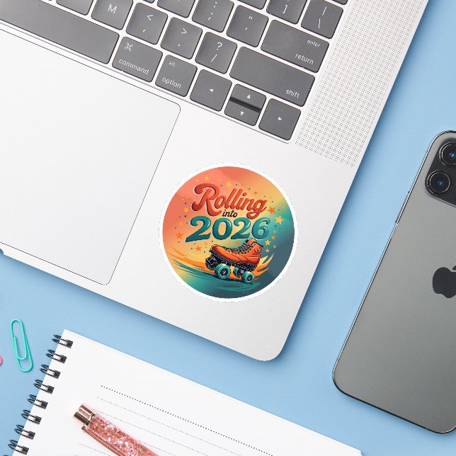 Adesivo Retro de Patins para 2026 (Notebook com iPhone)