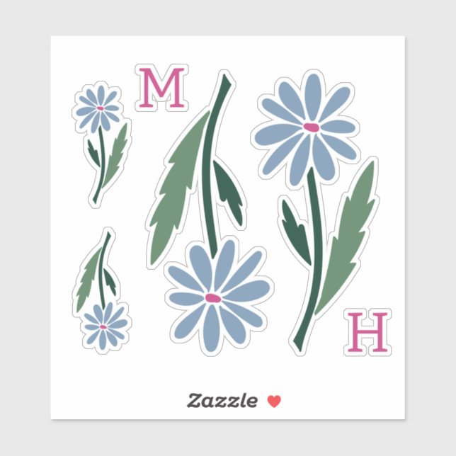 Adesivo Retro Hand Drawn Blue Flowers Pink Monogram (Folha)
