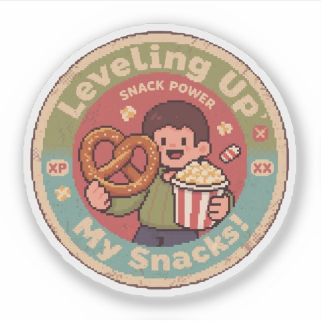 Adesivo Retro Pixel Art Nivelando Meus Snacks Design de En (Frente)