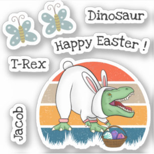 Adesivo Retro T-Rex em Nome de Caça de Ovo na Páscoa Bunny
