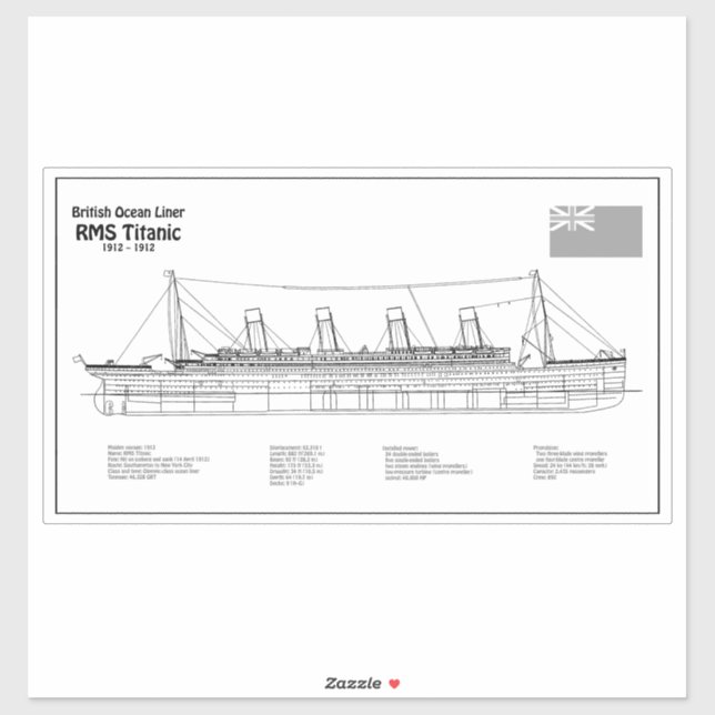 Adesivo RMS Titanic Ship Blueprint Planos BD (Folha)
