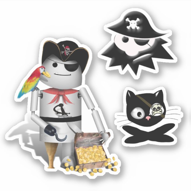 Adesivo Robô Pirata, Gato e Kid 3 Pack (Frente)