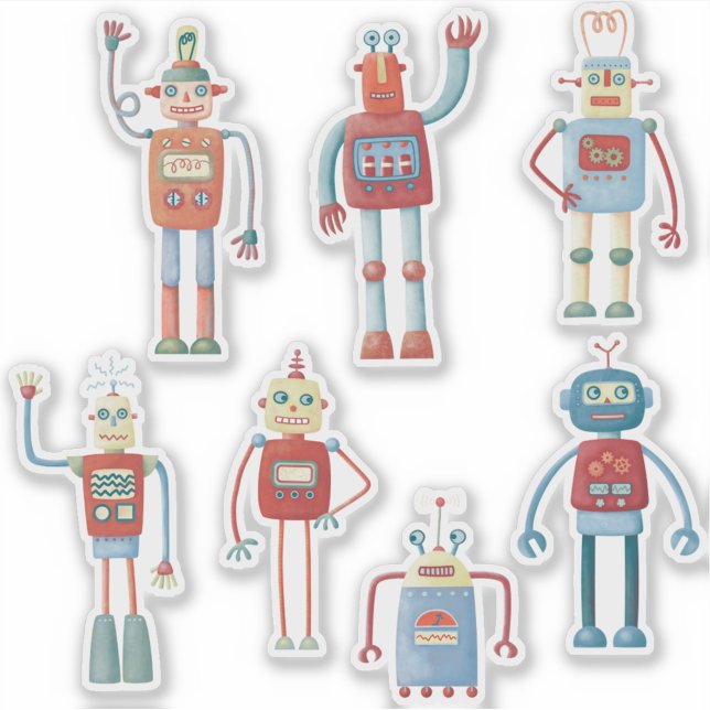 Adesivo Robôs Retro Diversos (Fun retro robot stickers)