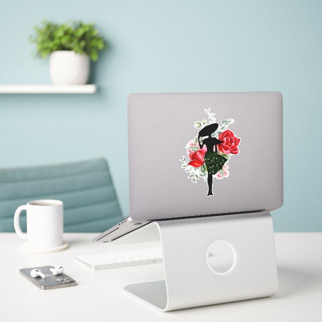 Adesivo Rosa Vermelha e Costume de Moda (Laptop na mesa)