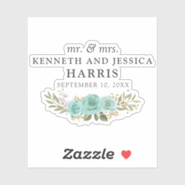 Adesivo Rosas Azuis Turquesa e Data de Casamento