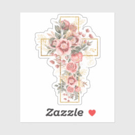 Adesivo Rosas Pink em Aquarela Floral com Cruz Dourada