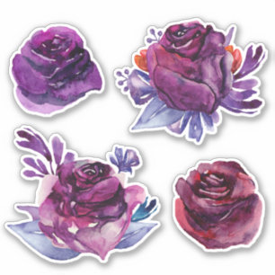 Adesivo Rosas roxas de aquarela. Botânica floral violeta