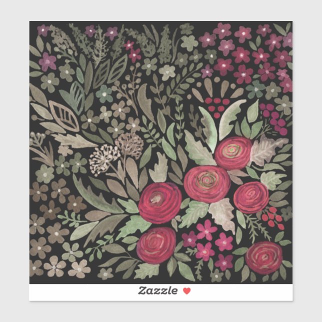 Adesivo Rosas vermelhas de aquarelas flores verdes florais (Folha)