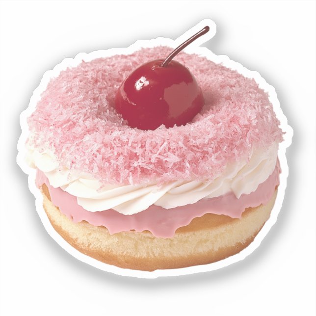 Adesivo Rosquinha de coco rosa com cobertura de cereja (Frente)