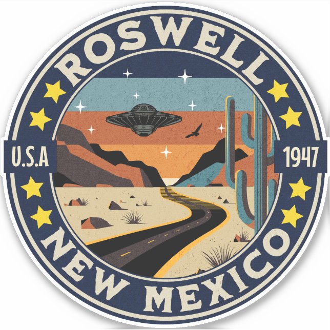 Adesivo Roswell New Mexico Retro UFO Terrain (Frente)