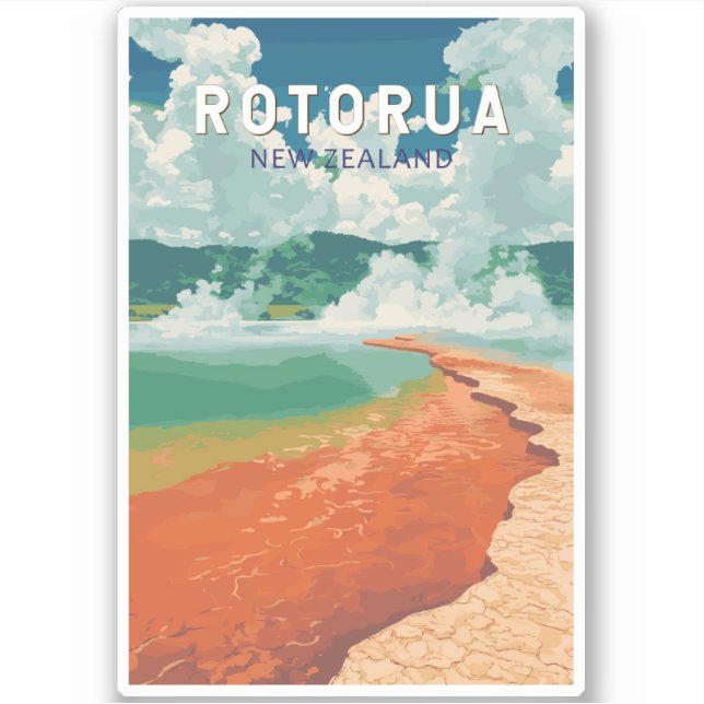 Adesivo Rotorua Nova Zelândia Ilustração Retro de Arte Via (Frente)