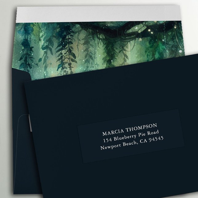 Adesivo Rotulagem de Endereços de Convidados de Casamento  (enchanted forest gold vines wedding guest address custom label emerald green magical garden)
