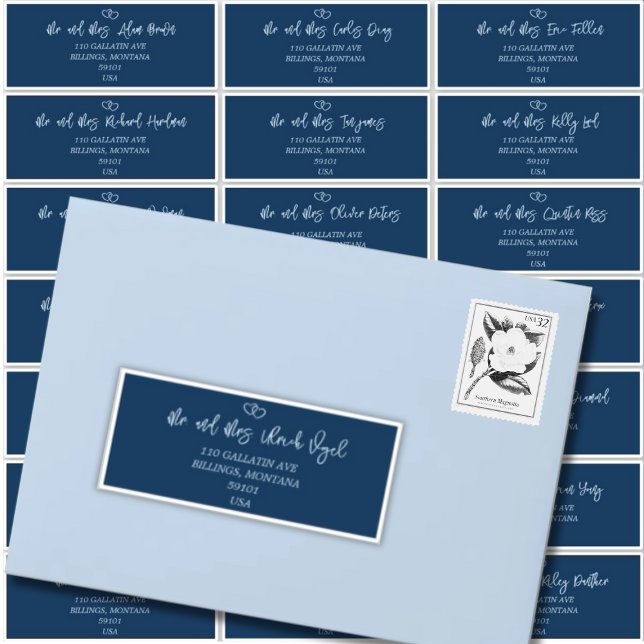 Adesivo Rótulo de Endereço Convidado de Casamento Indigo d (Elegant Script Indigo Wedding Guest Address Label)