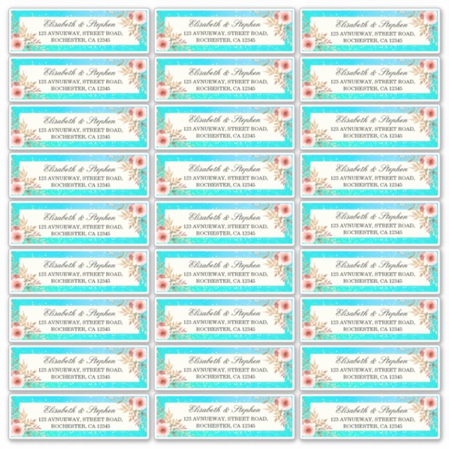 Adesivo Rótulo de Endereço de Casamento de Dourado Teal Fl (Frente)