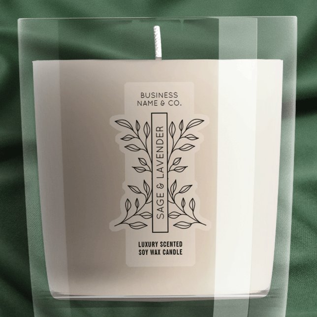 Adesivo Rótulo Vertical Mínimo Botânico Limpo da Vela (Transparent thin vertical rectangle jar label with modern botanical leaf motif and simple layout)