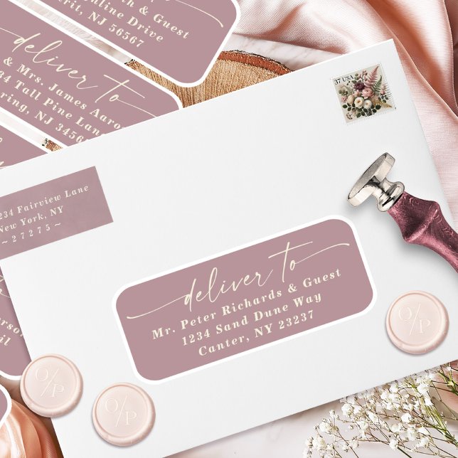 Adesivo Rótulos de Endereço de Convidado Script Dusty Mauv (Say "I DO" to Romantic Watercolor Florals and a Cottagecore Vibe with the Ophelia Wedding Suite.)
