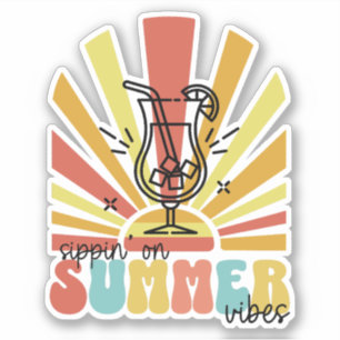 Adesivo Saboreando as Vibrações de Verão, Sol Retro, Copo