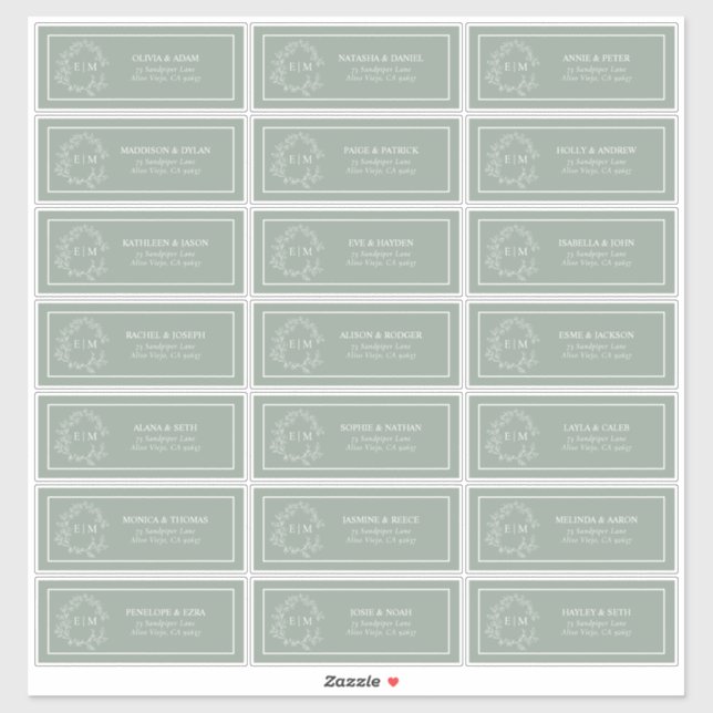 Adesivo Sage Green Leafy Crest Monograma Endereço de Convi (Folha)