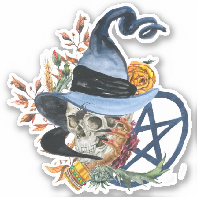 Adesivo Samhain Witch Skull & Blue Pentacle (Frente)
