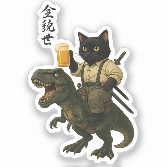 Adesivo Samurai Cat with Beer & T-Rex | Retro Japanese Art (Frente)