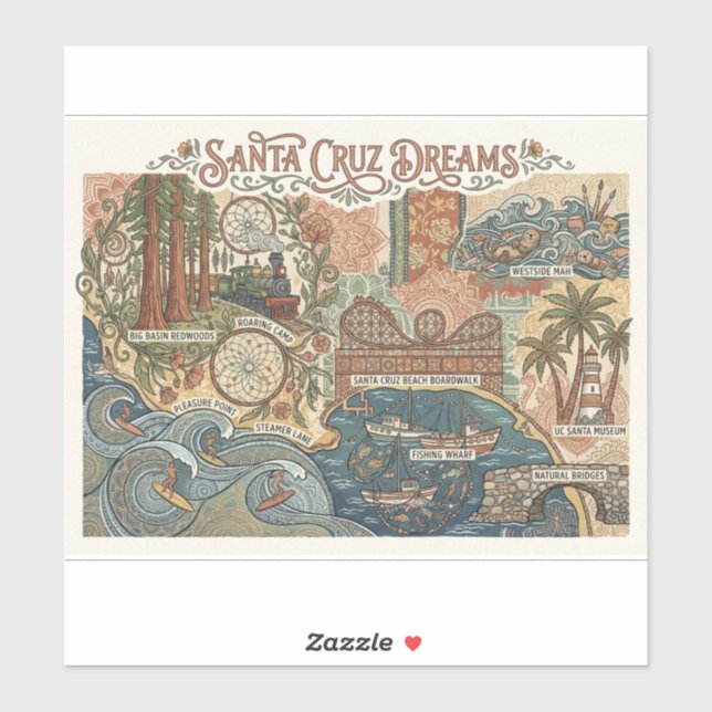 Adesivo Santa Cruz California Dreams Map UCSC Surfing (Folha)