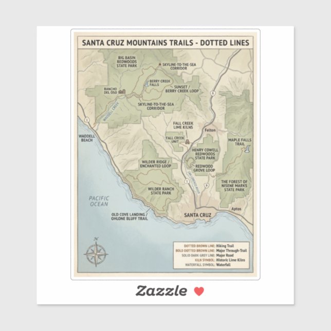 Adesivo Santa Cruz California Trail Map Redwood & Coastal  (Folha)