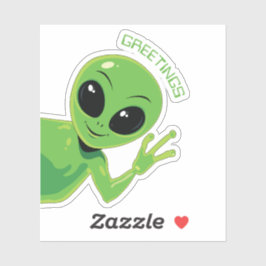 Adesivo Saudações Alien Verde Fofo Sorridente e Acenando