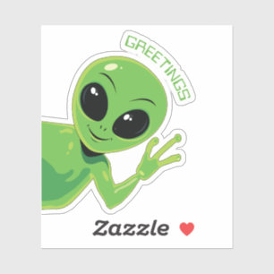 Adesivo Saudações Alien Verde Fofo Sorridente e Acenando