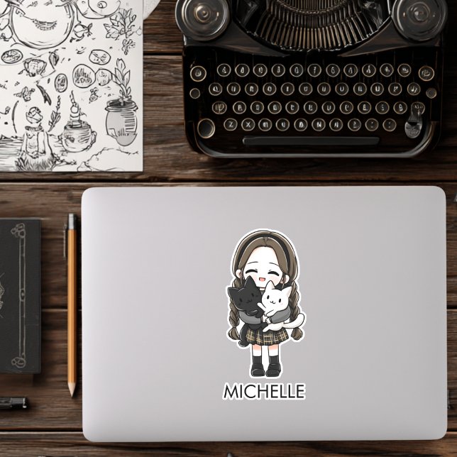 Adesivo School Girl & Cats Cute Anime Cartoon Personalized (Criador carregado)