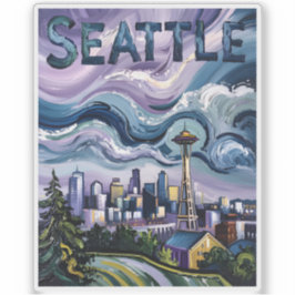 Adesivo Seattle Skyline Van Gogh Style Vintage Travel Art