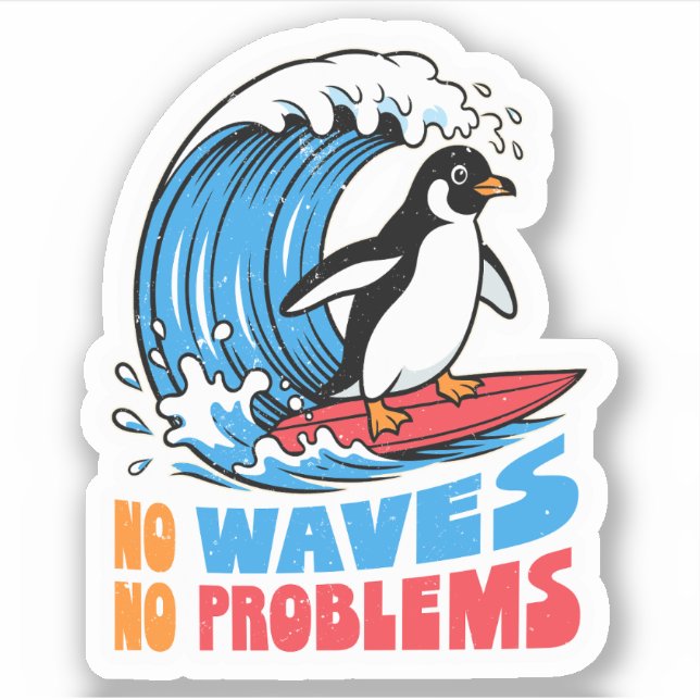 Adesivo Sem Ondas Sem Problemas Pinguim Divertido Surfando (Frente)