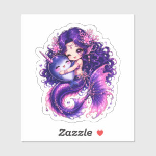 Adesivo Sereia Chibi Fofa Abraçando Bebê Narval