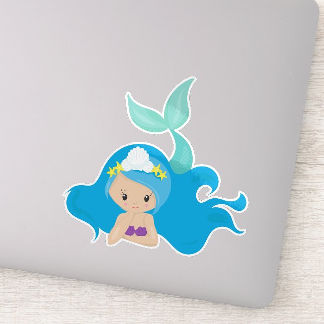Adesivo Sereia Gira, Cabelo Azul, Pequena Sereia, Fécula (Detalhe)