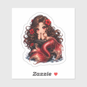 Adesivo Sereia Vermelha Chibi Fofa com Flores de Hibisco
