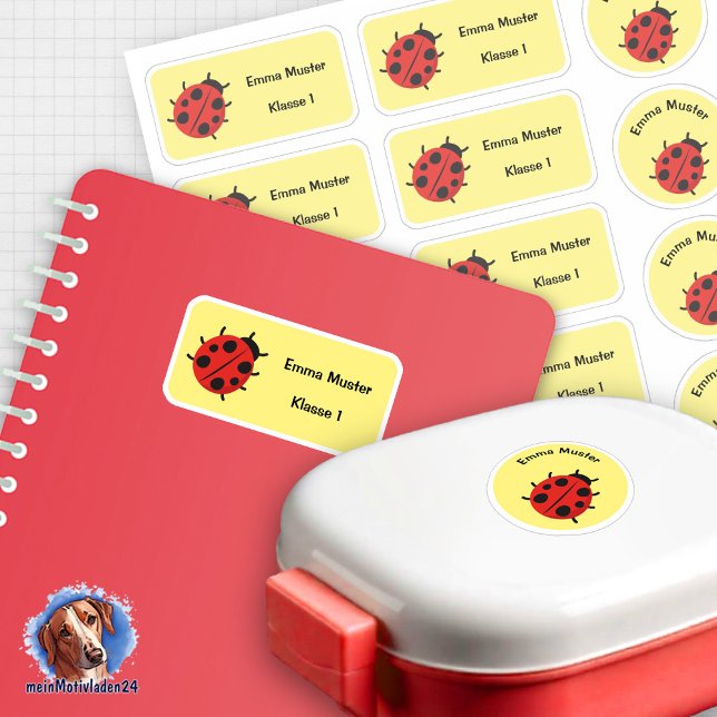 Adesivo Set - 12 Namensaufkleber Marienkäfer - gelb |  (12 runde und eckige Schulaufkleber im Set, Motiv Marienkäfer auf gelben Hintergrund)