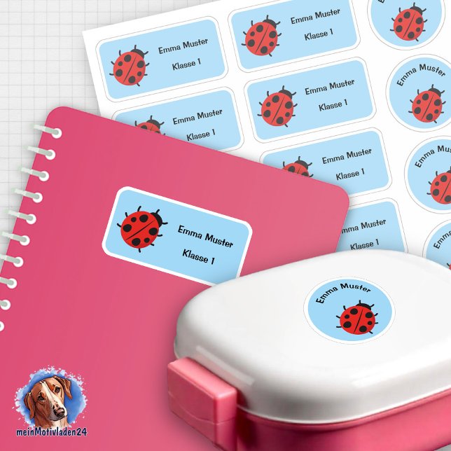 Adesivo Set - 12 Namensaufkleber Marienkäfer - hellblau |  (12 runde und eckige Schulaufkleber im Set, Motiv Marienkäfer auf blauen Hintergrund)