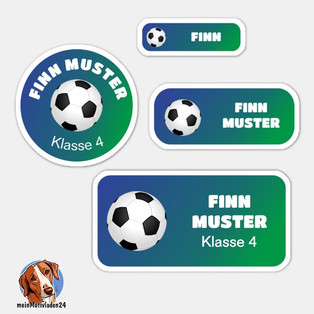 Adesivo Set - 24 Namensaufkleber Fußball Farbverlauf |   (24 verschiedene Namensaufkleber für Kinder - Motiv: Fußball - Farbverlauf Blau - Grün)