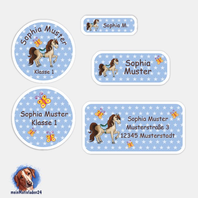 Adesivo Set - 24 Namensaufkleber Pferde Sternchen blau | (Namensaufkleber Set für Mädchen - Pferde - Sternchen blau - 24 teilig, personalisierbar )