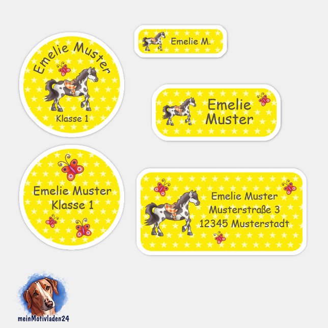 Adesivo Set - 24  Namensaufkleber Pferde Sternchen gelb | (Namensaufkleber Set für Mädchen - Pferde - Sternchen gelb - 24 teilig, personalisierbar )