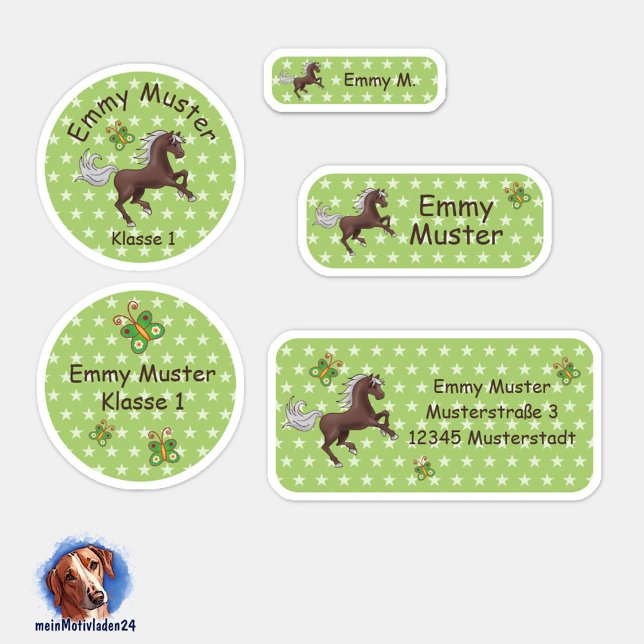 Adesivo Set - 24 Namensaufkleber Pferde Sterne grün |  (Namensaufkleber Set für Mädchen - Pferde - Sternchen grün - 24 teilig, personalisierbar )