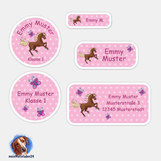 Adesivo Set - 24 Namensaufkleber Pferde Sterne rosa | (Namensaufkleber Set für Mädchen - Pferde - Sternchen rosa - 24 teilig, personalisierbar )